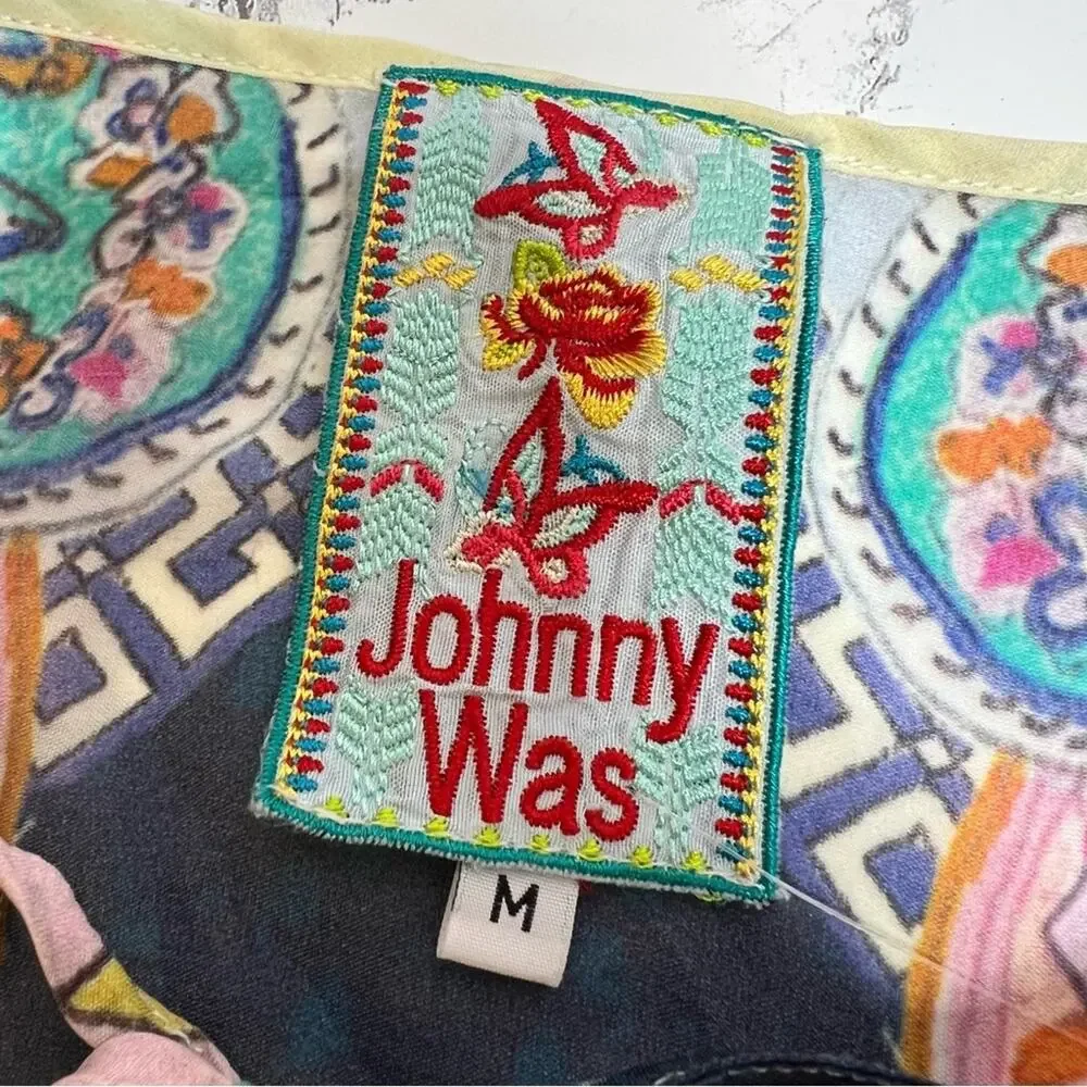 Johnny‎ was kaftan tunic top mixed print tie back asymmetrical Sz M